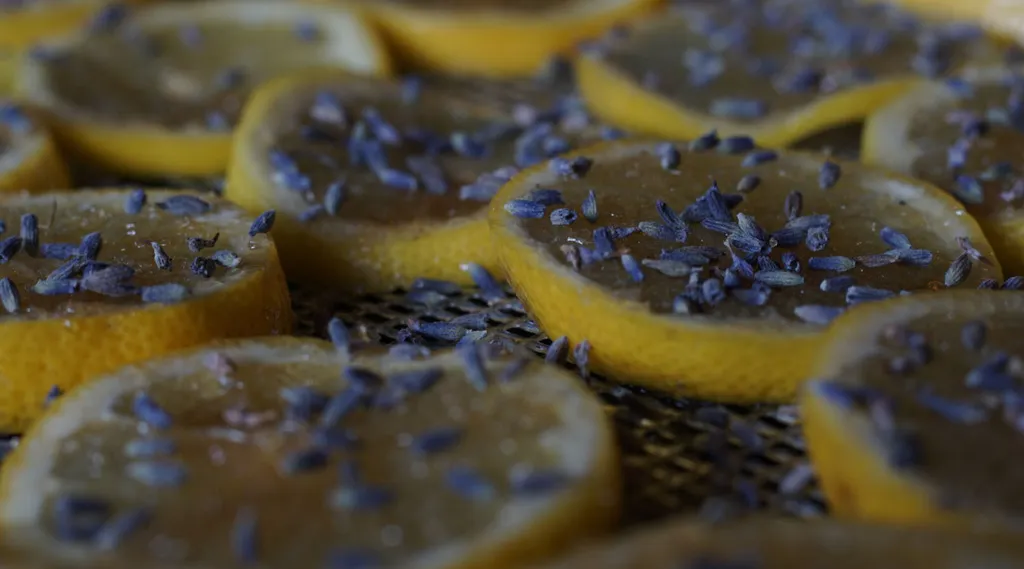  Close Up of Lemon Slices Sprinkled with Lavendar